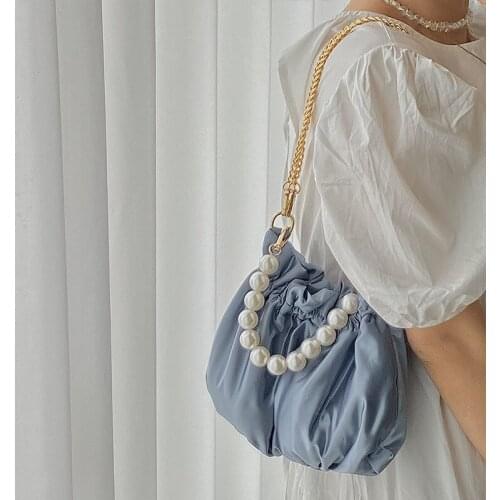 2020 new womens bag Silk Bucket Beading handle Ruched Chains Solid Single Shoulder Bags handbag ladylike designer bag