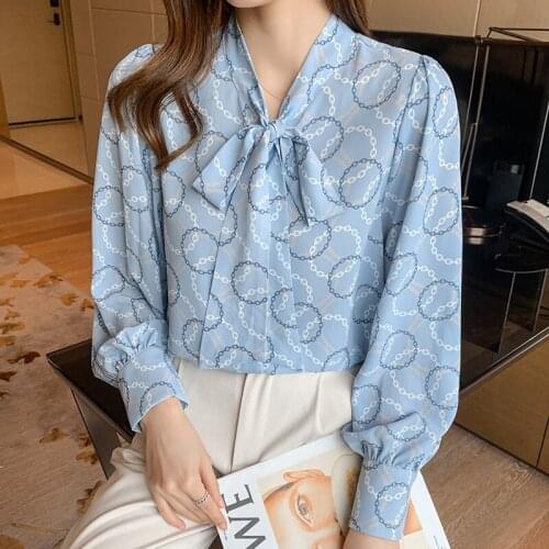 Chikichi 2021 Autumn New Temperament Fluttering Collar Printed Chiffon Shirt French Top Plus Size Women Vintage Tops
