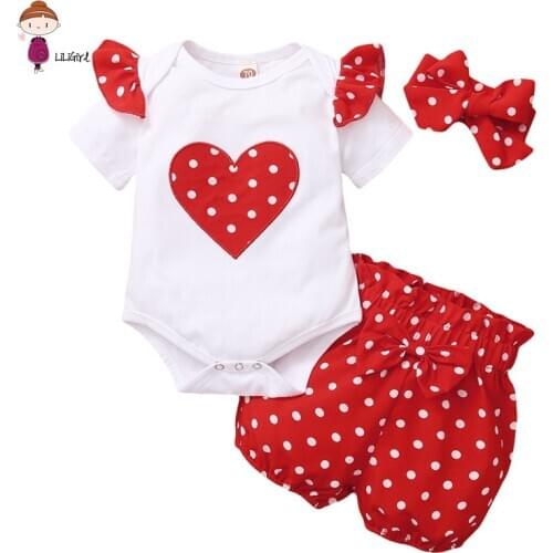 Newborn Baby Girls Clothes Short sleeve Heart Print T-shirt+red Polka Dot Pants+Headband Infant 3Pcs Baby Girls Clothing Set