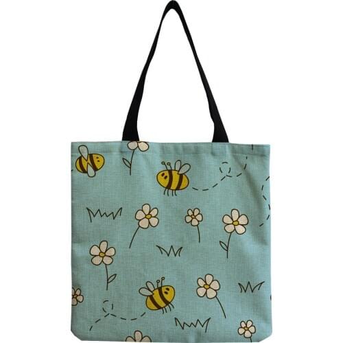 Cute Cartoon Bee Floral Print Casual Bags Refresh Style Foldable Bags Over The Shoulder Custom Pattern ECO Friendly Shopper Bags