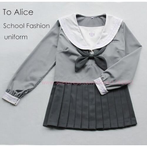 Super Cute Girls Japanese School Student Uniform Set Light Deep Grey Winter Suit Tops Blouse+Pleated Skirt