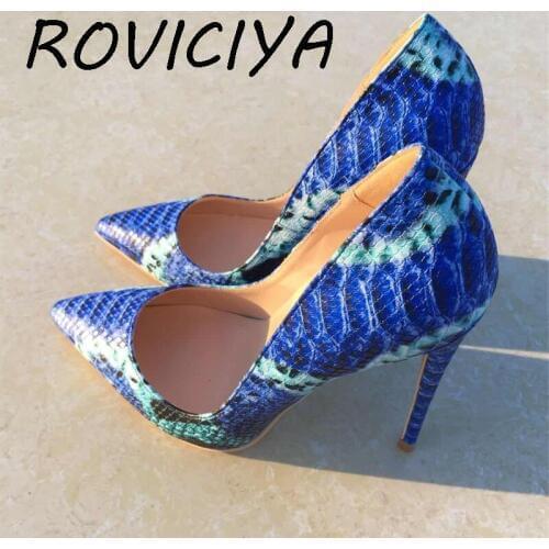 12 cm high heel shoes snake printing women shoes pumps party wedding shoes brown green blue plus size YG014 ROVICIYA