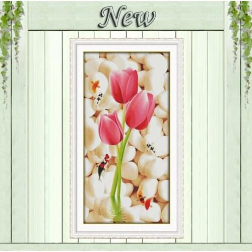 Tulip colorful flower carp Painting 11CT Counted printed on canvas DMC 14CT chinese Cross Stitch kits embroidery needlework Sets