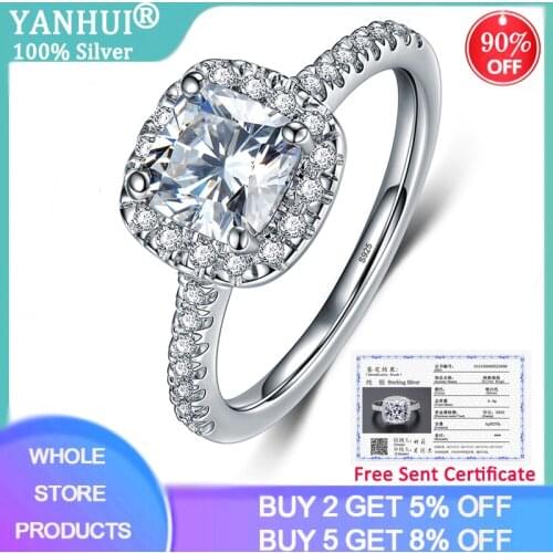 YANHUI Genuine 925 Sterling Silver VVS White Topaz Wedding Rings for Women Square Cubic Zircon Gem Rings Jewelry Carving S925