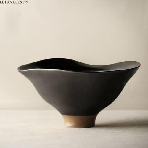 Japanese Handmade Stoneware Bowl Retro Ceramic Tall Fruit Snack Plate Household Art Retro Rice Noodle Soup Salad Bowl Tableware