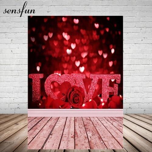 Sensfun Valentines Day Backdrop For Photo Studio Black Red Heart Glitter Love Rose Wood Photography Backgrounds 5x7ft Vinyl