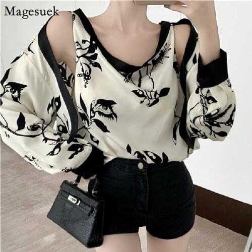 Fashion Sexy Off Shoulder Blouse Women V Neck Long Sleeve Satin Woman Shirt Chic Design Hollow Out Print Office Lady Tops 16100
