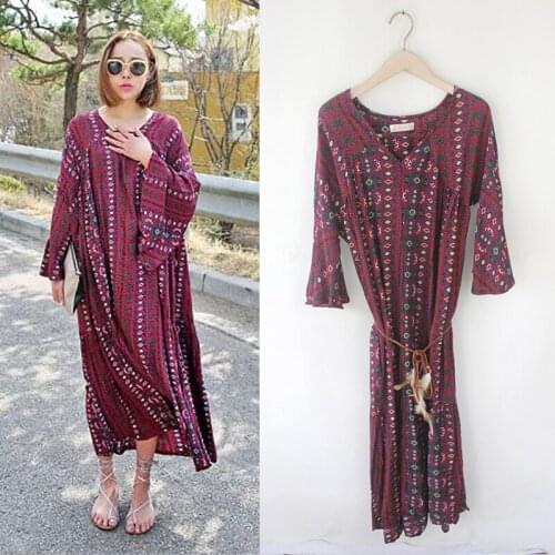 COIGARSAM Bohemian Women dress Thailand National Wind Beach Style Vintage Cotton Linen Floral Print Dresses Red 2047