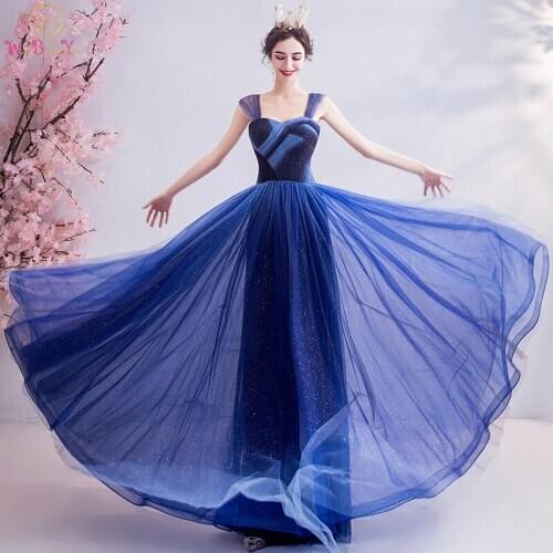Royal Blue Formal Dress Women Elegant Evening Gown Glitter Tulle Sleeveless Sweetheart A Line Gradient Color Long Floor Length