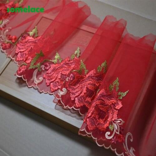 2Yds/Lot 20cm Wide Red Gazue Fluorescent Red,Green Thread Flower Embroidery High Quality Lace Trim For Garments And Wedding 21