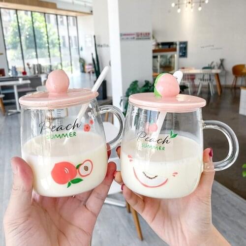 400ml Cute Glass Mug With Lid Spoon Creative Large Capacity Strawberry Water Cups Home Milk Breakfast Coffee Cup Girl Gifts