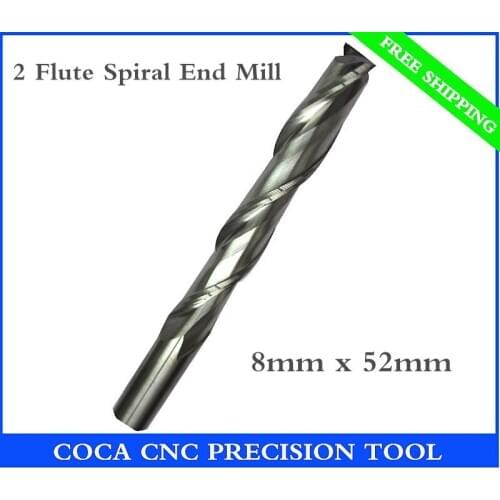 8mm*52mm,Freeshipping CNC Solid carbide woodworking insert router bit,Tungsten end mill,2 flute Spiral end milling,MDF,acrylic