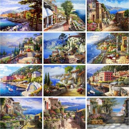 Huacan 5d Diamond Painting Full Drill Seaside City Home Decor Diamond Embroidery Mosaic Building Town Scenery Wall Stickers