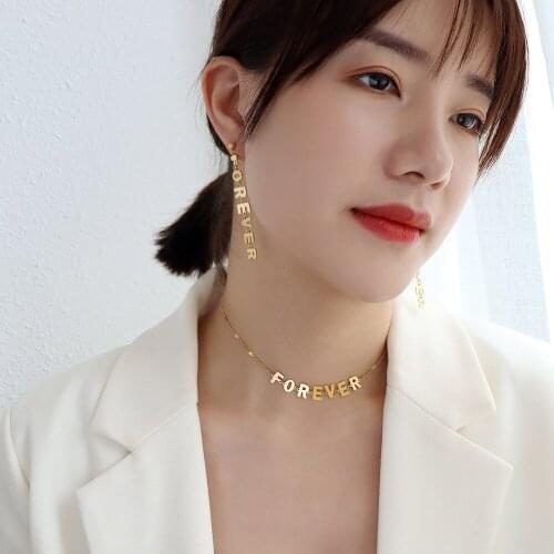 YAONUAN European Gold Plated Titanium Steel Necklace/Earrings For Women FOREVER Letters Ear Drop Clavicle Chain Jewelry Set Gift