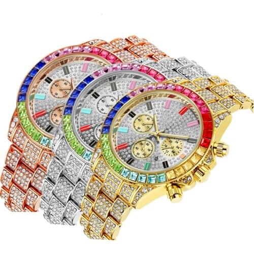 Watches for Men Luxury Hiphop Full Iced Out Watch Men Gold Colorful Rhinestone Hip Hop Watch Quartz Wristwatch Relogio Masculino
