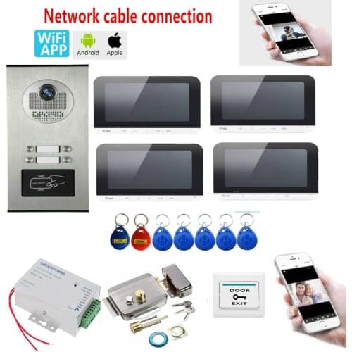 Home 7'' TFT Wired Video Intercom Doorbell System RFID Camera with 2/3/4 Monitor Doorphone for Multi Apartment APP Key Unlock