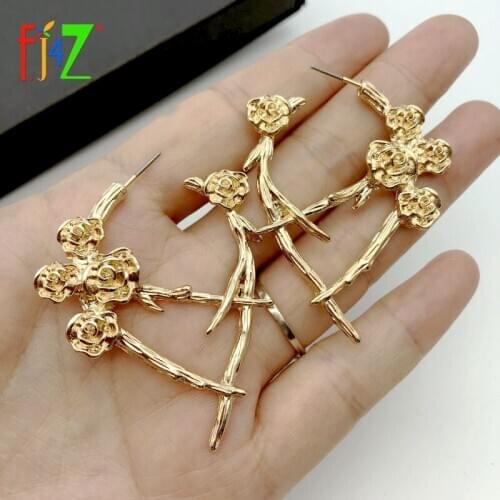 F.J4Z New Women Alloy Earrings Vintage Golden Flower Branches Earrings Ladies Plant Jewelry Brincos Bijoux dropship