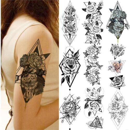 Geometric Triangle Rose Style Women Temporary Tattoos For Girls Water Transfer Flower Bloosom Tattoo Sticker Forearm Wrist Tatoo