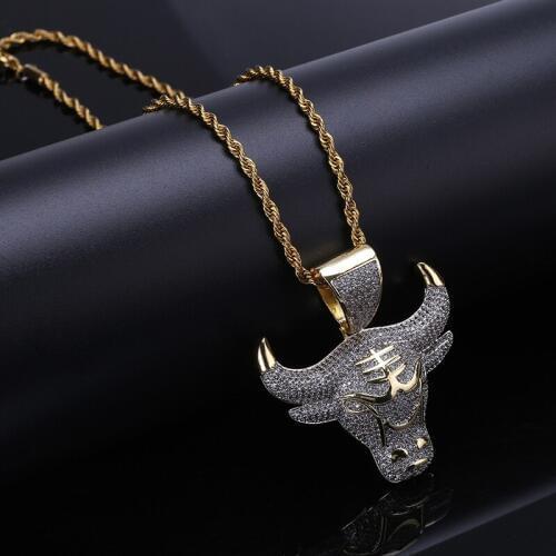 Hip Hop Bling Ice Out Rapper Micro Paved Red AAA CZ Stone Bull Head Tau Pendants Necklaces for Men Rapper Jewelry Gold Color