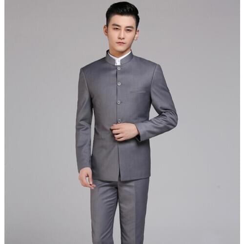 Korean men Chinese tunic suit set pants mens casual tang suits stand collar clothes slim formal dress mens groom suit grey
