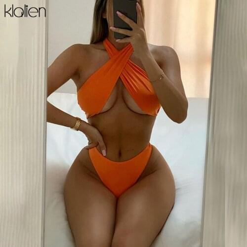 KLALIEN Summer Beach Vacation Seaside Sexy Hollow Out Backless Bandage Solid Slim Stretch Two Pieces Bikinis Set Swimming Wear