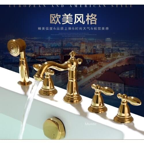 5 holes brass bathroom bathtub faucet gold cold hot mixer bathtub faucet set high quality all brass faucet