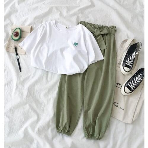 Summer New Famale Tracksuits Fashion CLothes Casual Loose White Top and Pant two piece set Women Students Girl Sweet Sportswear
