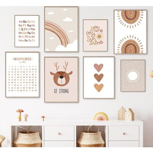 Cartoon ABC Number Deer Sun Cloud Rainbow Nordic Posters And Prints Wall Art Canvas Painting Wall Pictures Baby Kids Room Decor