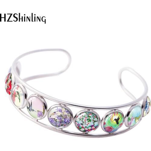 2020 New Hummingbird Painting Cuff Bracelet Bird Flowers Painting Bracelets Round Picture Glass Dome Jewelry Gifts Girl