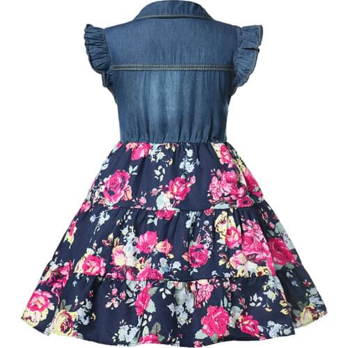 Girls Clothes Denim Floral Dress Summer Dress with Belt Children Flying Short Sleeve Casual Clothing Baby Girl Dresses Princess
