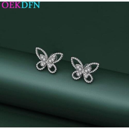 OEKDFN Real 925 Sterling Silver Stud Earrings For Women Sparkling Butterfly Zircon Gemstone Wedding Jewelry Anniversary Gift