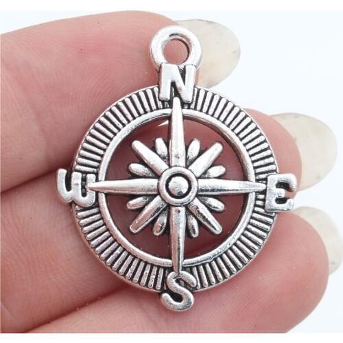 BULK 30 Zinc Alloy Vintage Compass Charms Pendants Antique Silver Plated DIY Necklace Accessory 25*30mm 2.9g