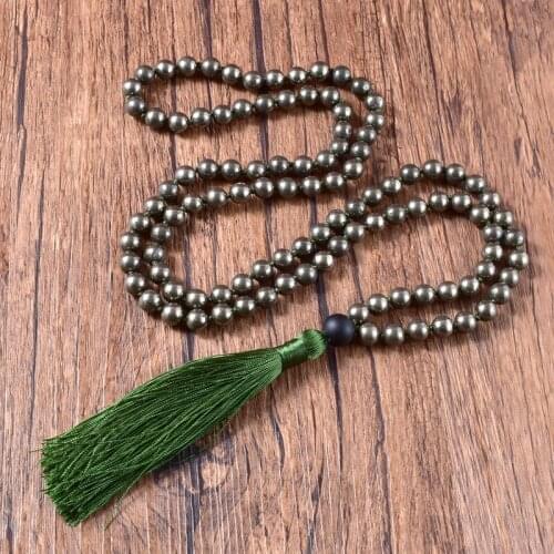 8mm Hematite Hand Knotted Tassel Necklace for Men, Women Stone Healing 108 Mala Prayer Beaded Reiki Buddhist Jewelry