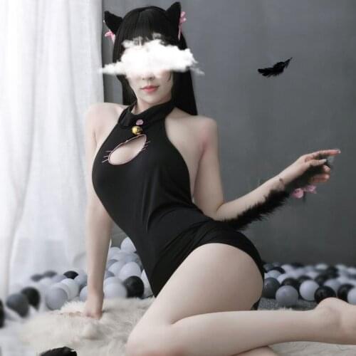 Sexy Lingerie Naughty Cute Cat Nightdress Stand-Up Collar Bell Back Hollow Bag Hip Plush Tail Uniform Passion Suit Cosplay
