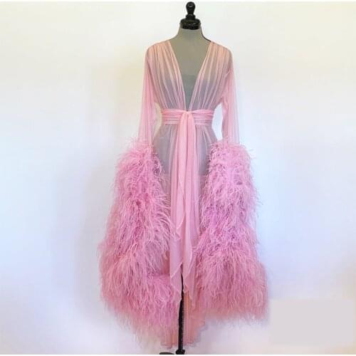 Luxury Ostrich Feather Maternity Dresses V Neck Tulle Maternity Gown for Photoshoot Boudoir Lingerie Bathrobe Nightwear Babydoll