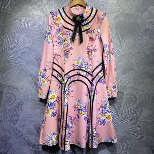 Seifrmann Women Summer Fashion Designer Party Midi Dress Ruffles Floral Print Lantern Sleeve Ladies Patchwork A-Line Dresses