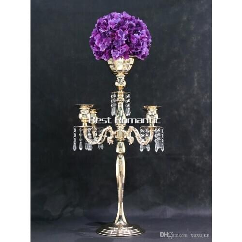Silver Height 75cm gold 5 Heads Crystal Candelabra, Candle Holder, wedding Centerpiece, flower bowl Candle holder with pendants