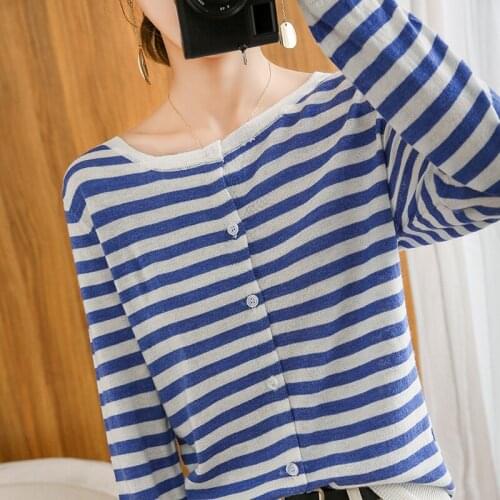Cashmere Cardigan Womens Loose Sweater Spring Autumn Wool Striped Sweater Knitted Jacket Woman Casual Basic Shirt Top