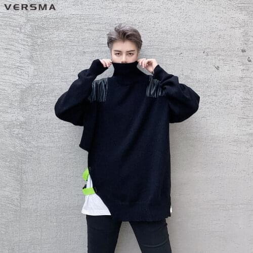 VERSMA Korean Trendy Leather Patchwork Turtleneck Sweater Men Women Winter Oversized Vintage Streetwear BF Couple Sweaters Male
