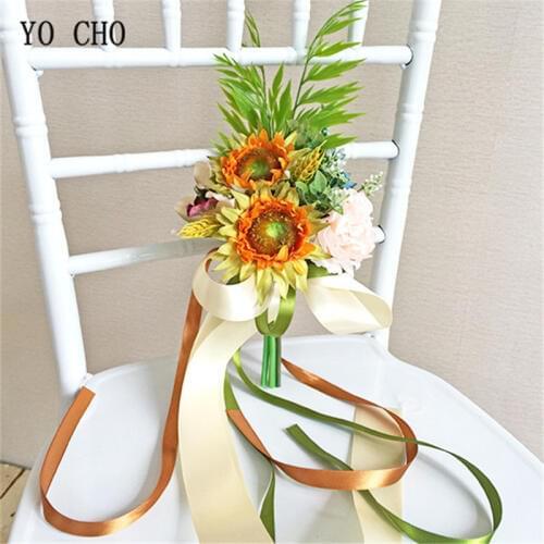 YO CHO creative artificial flower wedding decoration farmhouse chair flower Sunflower Peony pink DIY bridal bouquet for wedding