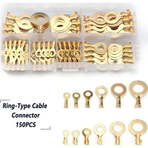 YT 150PCS Ring Type Cable Wire Connectors Terminals Gold Golden Brass Non-insulated Crimp Terminals Connectors