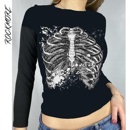 Rockmore Skull Bone Print Top Gothic Long Sleeve T-Shirt Women Black O-Neck Tee y2k Streetwear Basic Slim Tee 90s Vintage Grunge