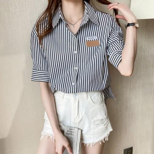 2021 The New Polo collar Women Shirts short Sleeve Chiffon Office Blouse Women Clothes Womens Tops stripe Blouses
