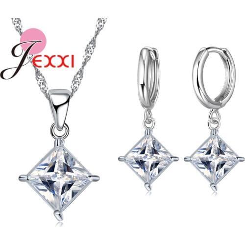 New Fashion Square Shape Sparkling Necklace Earrings Sets Elegant Simple Style 925 Sterling Silver For Girls Party Wedding Gift