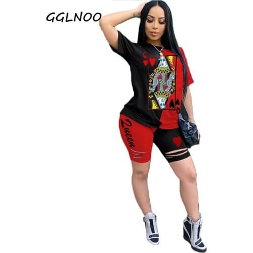 GGLNOO Poker Designer Tracksuit Oversize Tshirt Biker Shorts Set 2 Piece Sets Womens Outfits Lounge Wear Ensemble Femme GG23297