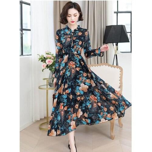 2021 new spring and autumn ladies elegant chiffon dress fashion temperament floral long sleeve womens dress