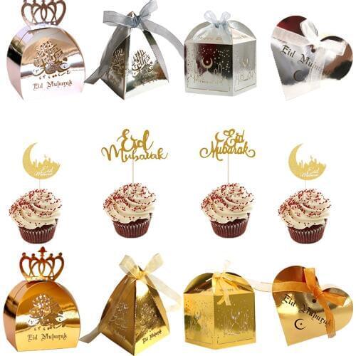1 Set Happy Eid Mubarak Banner Paper Ramadan Dessert Cake Topper Candy Gift Box Islam Muslim Eid Mubarak DIY Party Decoration