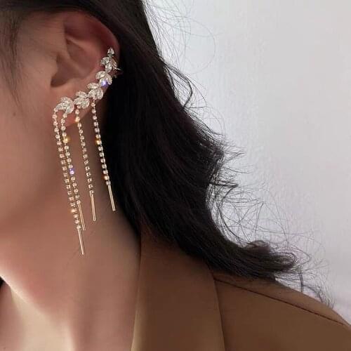 Leaf Zircon Ear Crawler Earrings Crystal Earrings for Women Long Tassel Ear Clip Rhinestone Dangle Earrings Weddings Jewelry
