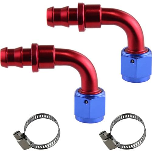 AN 8 90 Degree Push On Oil Fuel Line Hose End Fitting +clamps+Red &Blue