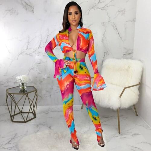 2021 INS Summer Casual Fashion Street Ladies Slim Street Sexy Trousers With Lace And Flared Sleeves Two-Piece Set